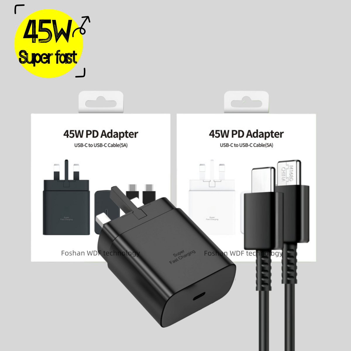 Pack Chargeur Secteur 45W Ultra-Rapide PD – USB-C avec Câble USB-C vers USB-C inclus