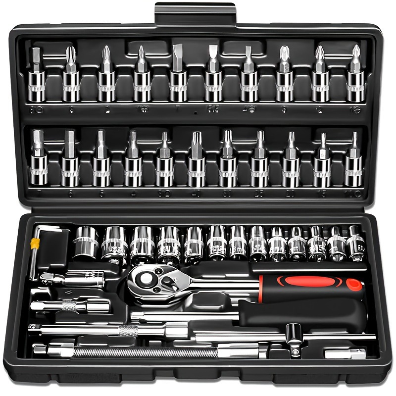 Coffret de Douilles et Cliquet 46 Pièces – Kit d'Outils Professionnel en Acier Chrome Vanadium